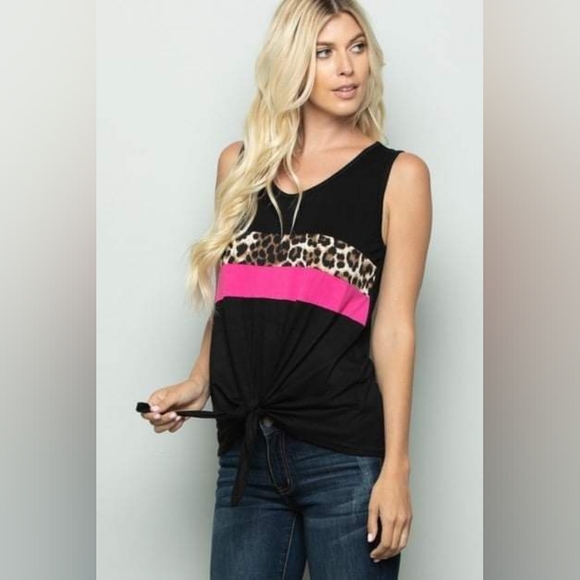 HEIMISH USA Tops - Heimish Plus Size Black Leopard Pink Color Block Tie Hem Tank Top NWOT